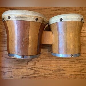 Vintage - Two Tone Wooden (1960's) Lap Drum Combined Bongos Silver Grommets
